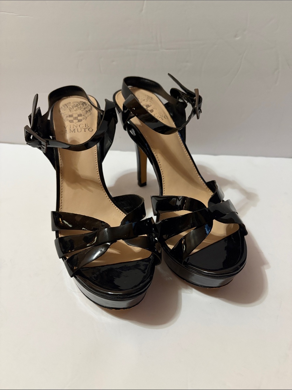 Vince Camuto Black Patent Leather Strappy Platform Heels